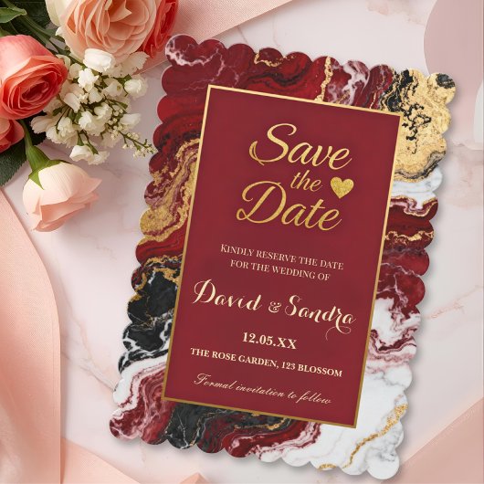 Save The Date Chic Burgundy Gold Agate Marble Modern Wedding 