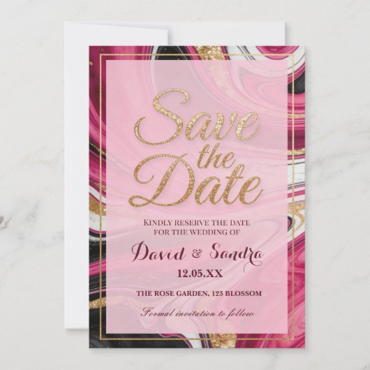 Save The Date Chic Burgundy Gold Agate Marble Modern Wedding (Devant)