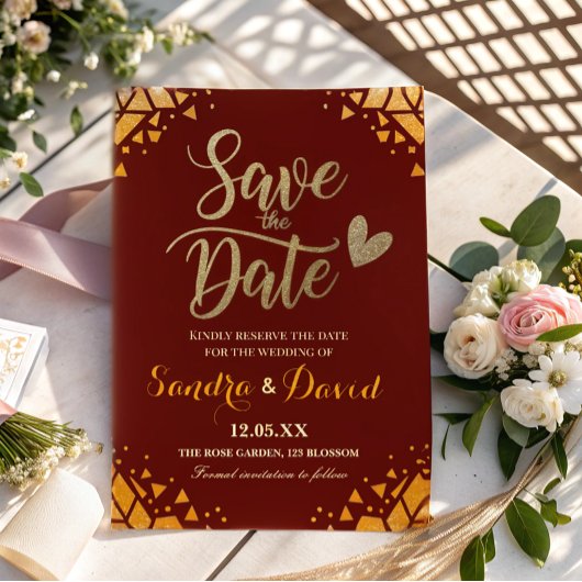 Save The Date Chic Burgundy Gold parties scintillant Moderne Mar