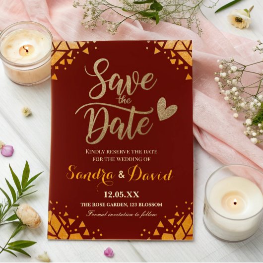 Save The Date Chic Burgundy Gold parties scintillant Moderne Mar