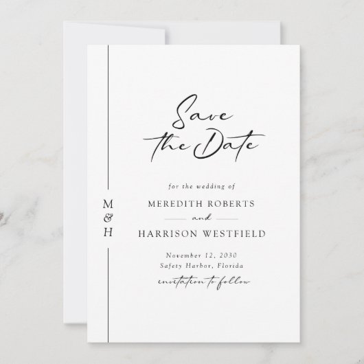 Save The Date Chic Calligraphie Monogramme Mariage noir et blanc (Devant)