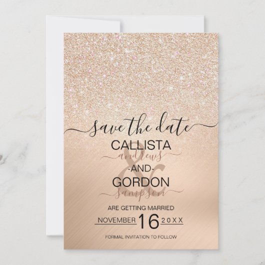 Save The Date Chic Champagne Parties scintillant or Mariage méta (Devant)