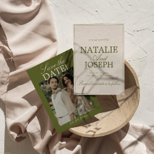 Save The Date Chic Crème Vert Olive Argent Ancien Photo Mariage