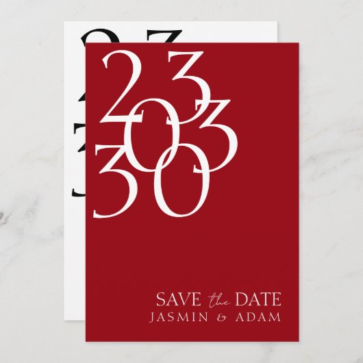 Save The Date Chic Crimson Rouge Blanc Minimal Mariage de typogr (Devant / Derrière)