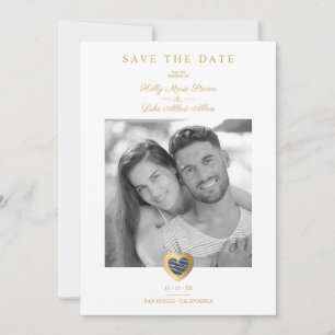 Save The Date Chic Dark Blue & Gold Heart Photo Couple Mariage