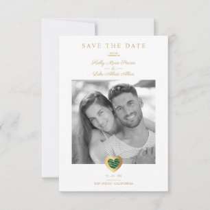 Save The Date Chic Dark Green & Gold Heart Photo Couple Mariage
