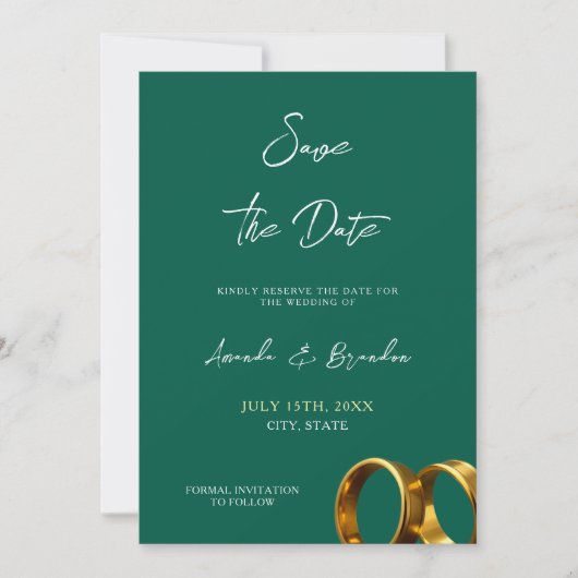 Save The Date Chic Emerald Green Gold Rings Mariage (Devant)
