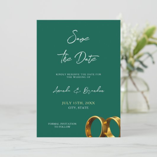 Save The Date Chic Emerald Green Gold Rings Mariage (Debout devant)