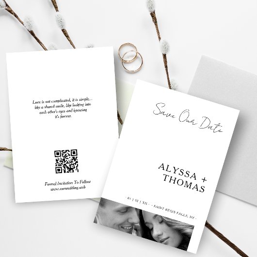 Save The Date Chic Extra Minimalist Black & White Photo Wedding 