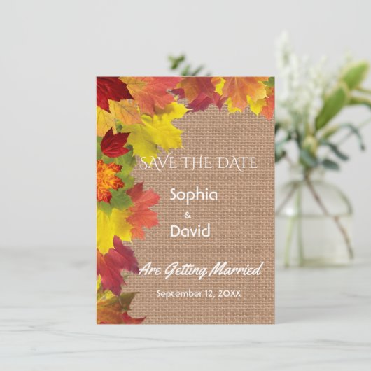 Save The Date Chic Fall quitte Burlap Wedding ENREGISTRER LA DAT (Debout devant)