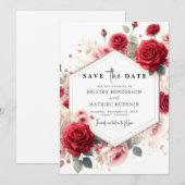 Save The Date Chic Fleurs Aquarelles Mariage rouge Crimson (Devant / Derrière)