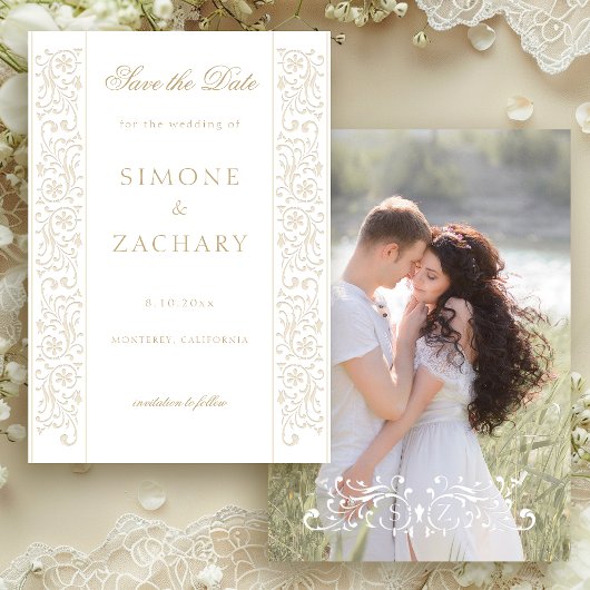 Save The Date Chic Formal Ecru Scrollwork Border Wedding