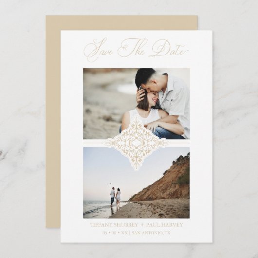 Save The Date Chic Gold 2 Photos Ornament Sophisticated Wedding (Devant / Derrière)