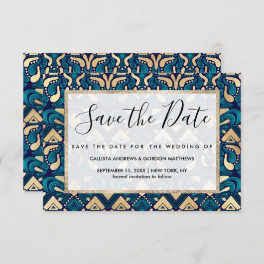 Save The Date Chic Hipster Gold Emerald Blue Tribal Artsy Damask (Devant / Derrière)