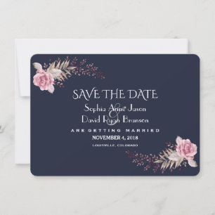 Save The Date Chic Marine Bleu Maroon Boho Floral Enregistrer La