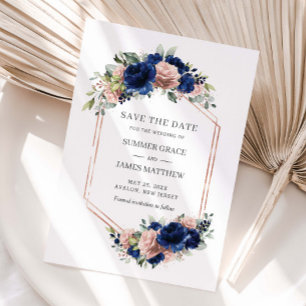 Save The Date Chic Marine Rose Gold Rouge Floral Mariage Géométr