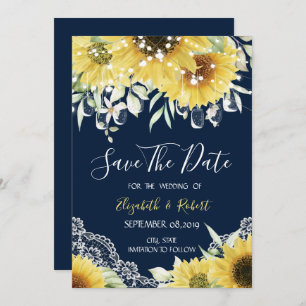 Save The Date Chic Mason Jar, dentelle, Sunflowers Navy Blue