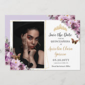Save The Date Chic Mauve Plum violet Floral Quinceañera Photo (Devant / Derrière)