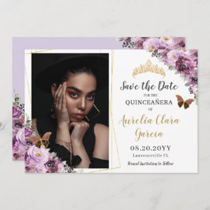 Save The Date Chic Mauve Plum violet Floral Quinceañera Photo
