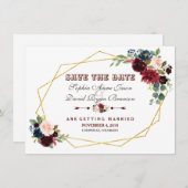 Save The Date ChIc Merlot Navy Blue Floral Gold Frame (Devant / Derrière)
