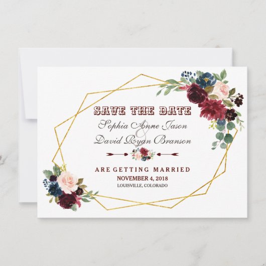 Save The Date ChIc Merlot Navy Blue Floral Gold Frame (Devant)