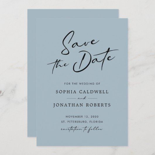 Save The Date Chic Moderne Calligraphie Dusty Blue Simple Mariag (Devant / Derrière)