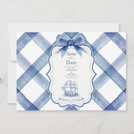 Save The Date Chic Nautique Marine Mariage Bleu Bow (Devant)