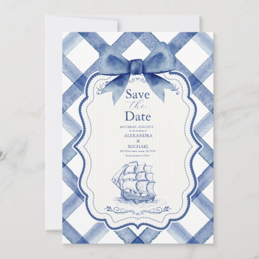 Save The Date Chic Nautique Marine Mariage Bleu Bow (Devant)
