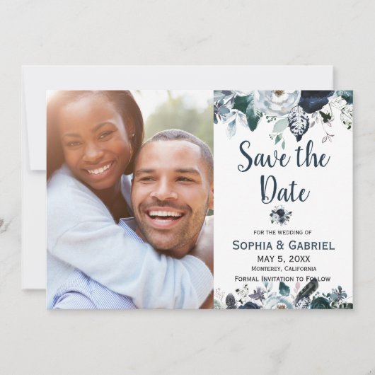 Save The Date Chic Navy Bleu Fleurs Blanches Mariage Enregistrer (Devant)