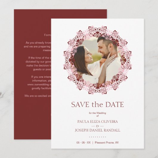 Save The Date Chic Pink & Red Flourish Lace Effect Photo Couple (Devant / Derrière)