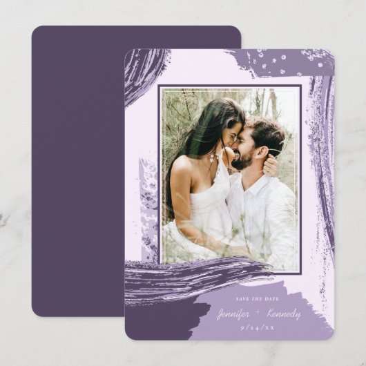 Save The Date Chic Purple Abstrait Peinture Brush Strokes Photo (Devant / Derrière)