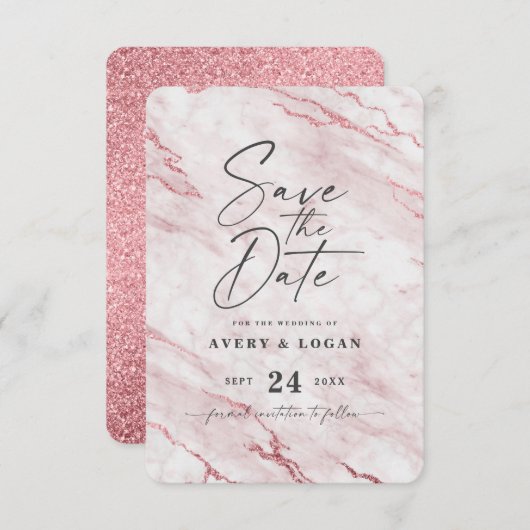 Save The Date Chic Rosa Blush Marble and Candy Pink Foil Détails (Devant / Derrière)