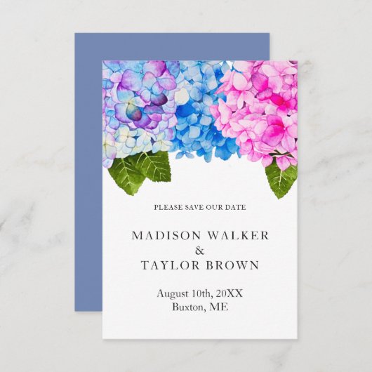 Save The Date Chic rose bleu aquarelle Floral Hydrangea Mariage (Devant / Derrière)