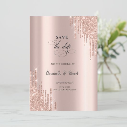 Save The Date Chic Rose Gold Drives Enregistrer La Date (Debout devant)