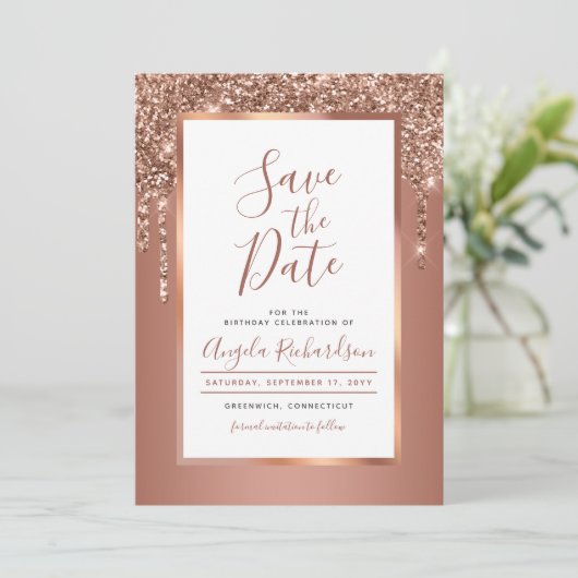 Save The Date Chic Rose Gold Parties scintillant Drivers Anniver (Debout devant)