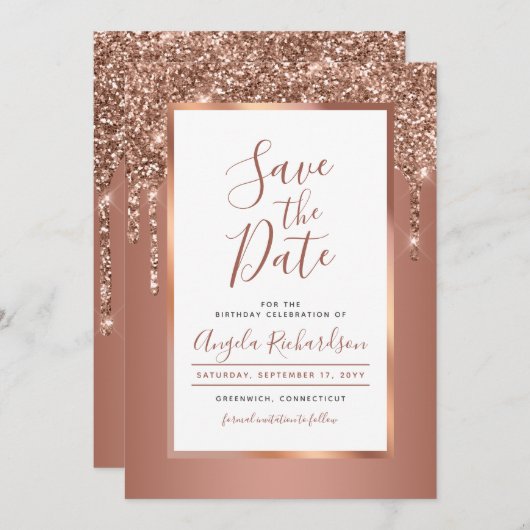 Save The Date Chic Rose Gold Parties scintillant Drivers Anniver (Devant / Derrière)