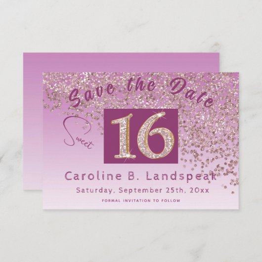 Save The Date Chic Rose Gold Parties scintillant Sweet 16 (Devant / Derrière)