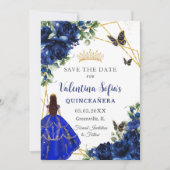 Save The Date Chic Royal Blue Flowers Princess Gold Quinceañera (Devant)