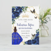 Save The Date Chic Royal Blue Flowers Princess Gold Quinceañera (Debout devant)