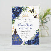 Save The Date Chic Royal Blue Flowers Princesse Quinceañera (Debout devant)
