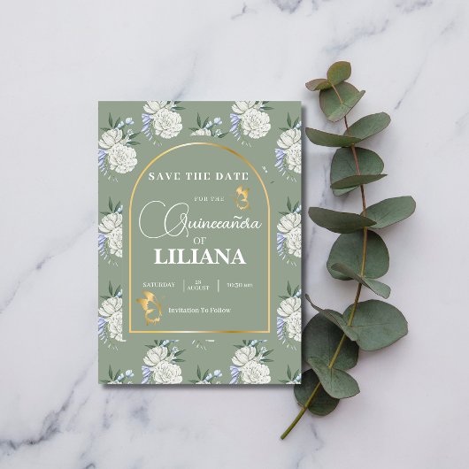 Save The Date Chic Sage Green Arch Papillons Quinceañera