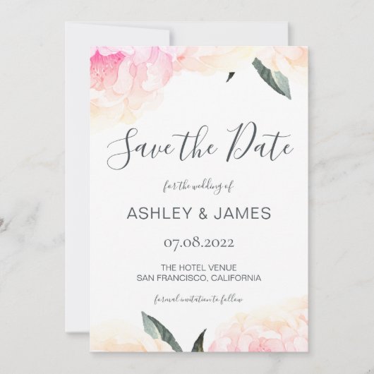 Save The Date Chic Spring Pink Peony Calligraphie Enregistrer la (Devant)