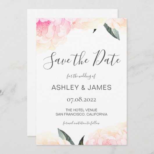 Save The Date Chic Spring Pink Peony Calligraphie Enregistrer la (Devant / Derrière)