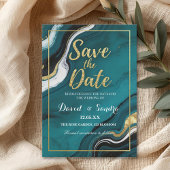 Save The Date Chic Teal Gold Agate Marble Modern Wedding