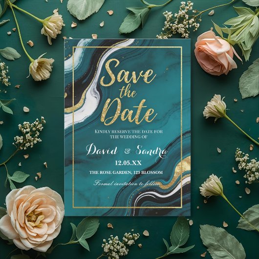 Save The Date Chic Teal Gold Agate Marble Modern Wedding
