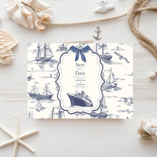 Save The Date Chic Toile Nautique de Jouy Bow Mariage
