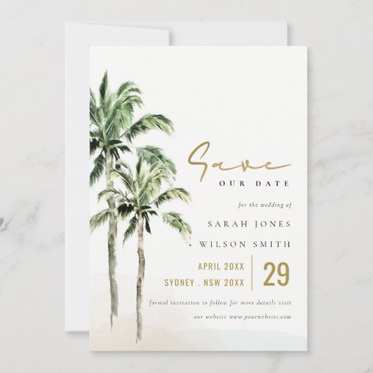 Save The Date Chic Tropical Beach Palm Trees Mariage aquarelle (Devant)