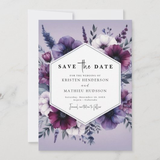 Save The Date Chic unique violet Mariage floral (Devant)