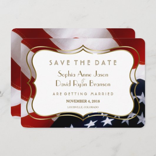 Save The Date Chic USA flag Gold Wedding Enregistrer la date (Devant / Derrière)