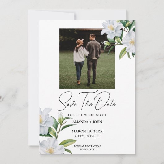 Save The Date Chic White & Green Jasmine Photo Enregistrer La Da (Devant)